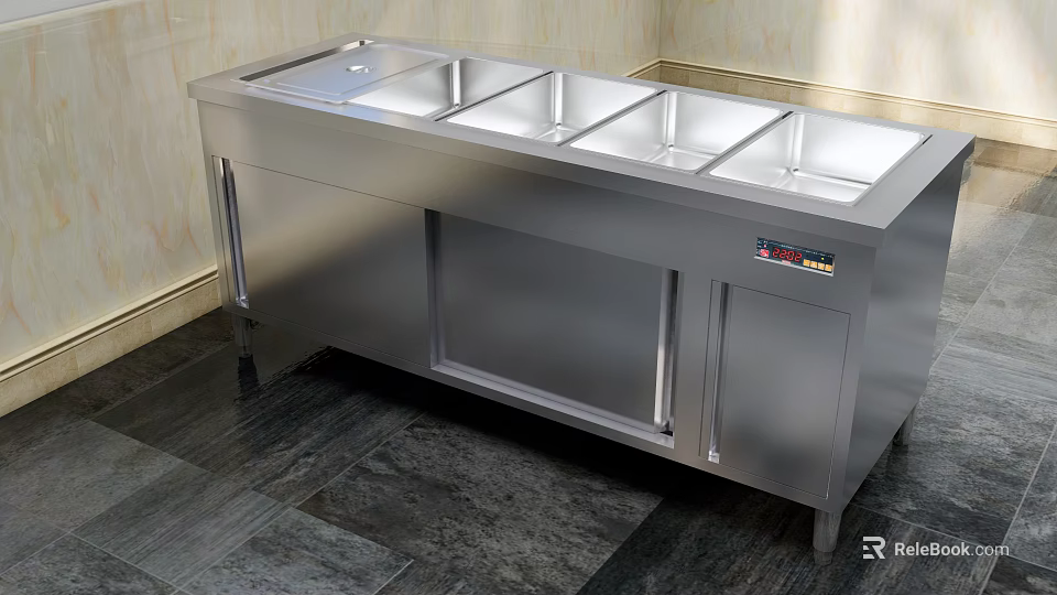 Cafeteria Stainless Steel Food Serving Counter With Multiple Compartments And Cabinets 3d model 