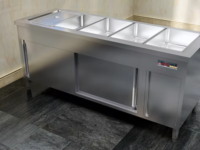 Cafeteria Stainless Steel Food Serving Counter With Multiple Compartments And Cabinets 3d model