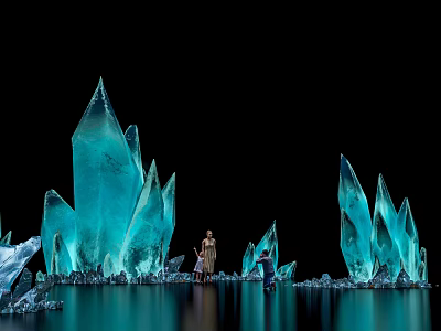 Illuminated Blue Ice Crystal Art Installation On Black Background With Water Reflection And People Nearby 3d model