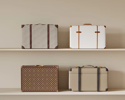 Vintage Suitcases with Gray White Brown Beige Tones and Decorative Trim Handles Displayed on Shelves 3d model