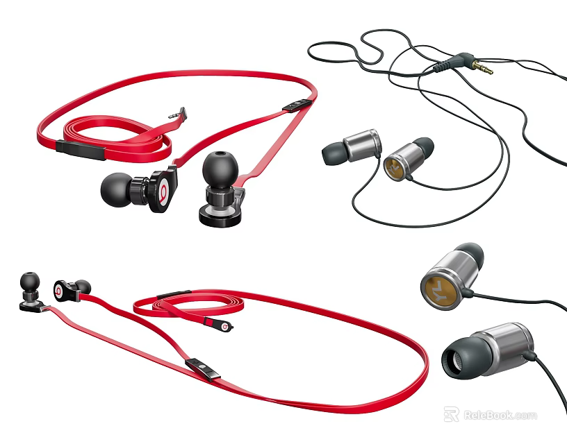 Multiple Styles In Ear Wired Headphones Red Black Cables Audio Plugs Design 3d model 