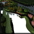 Urban Garden Landscape with Scenic River Lush Green Trees and Surrounding Urban Buildings