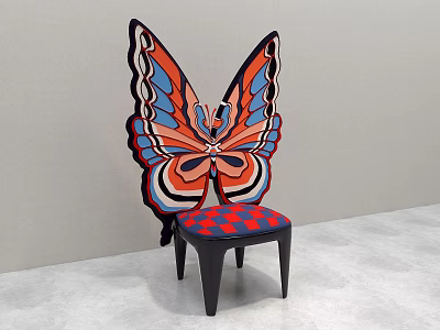 Colorful Butterfly Wing Shaped Single Chair With Patterned Seat And Black Legs 3d model