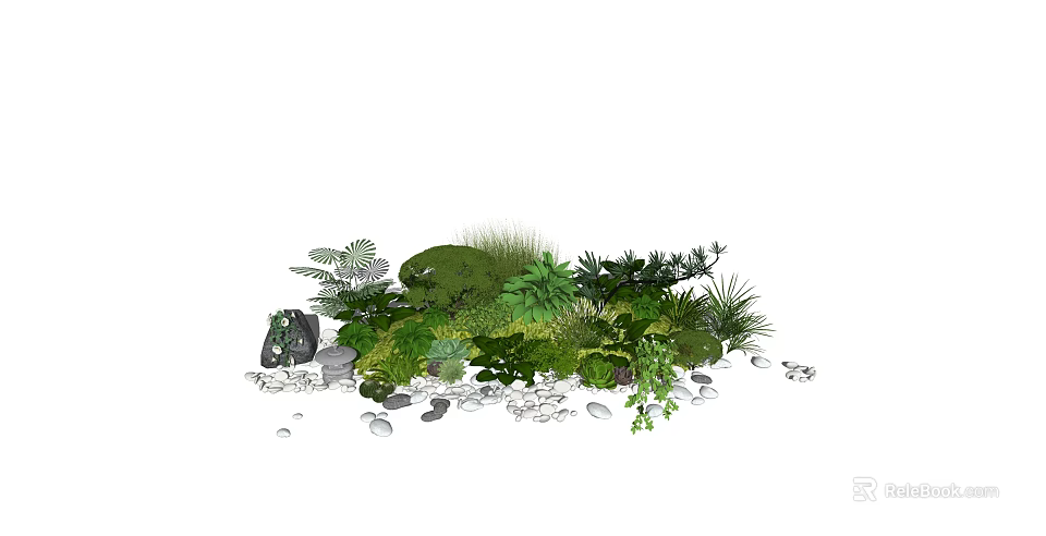 Diverse Green Plants And Flowers With Ferns Shrubs Moss And Pebbles In Natural Garden 3d model 