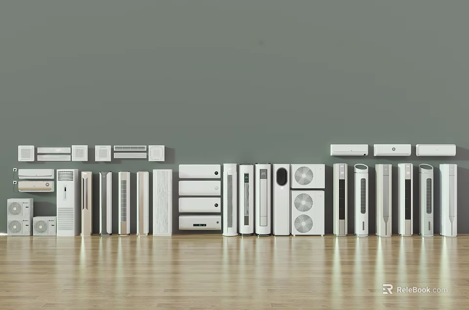 Air Conditioners and Fans Various Styles Neatly Arranged in Product Display Gray Background Wooden Floor 3d model 