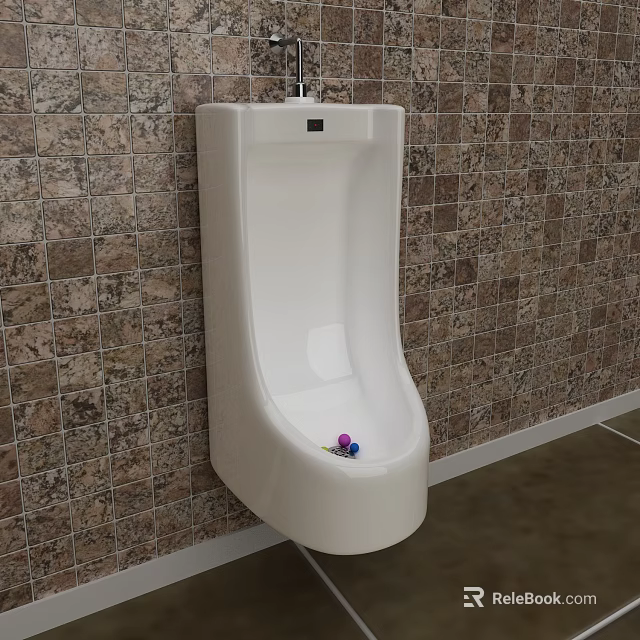 White Wall Mounted Ceramic Urinal In Bathroom With Patterned Tile Background 3d model 