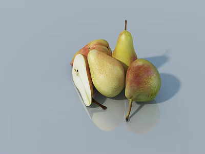 Fresh Juicy Pears With Yellow Red Skin Whole And Sliced On White Surface 3d model