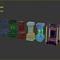 Various Decorative Pillars With Different Designs And Colorful Finishes On Reflective Surface