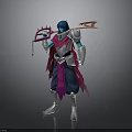 Man In Silver Armor With Blue Hair Holding Scythe And Purple Cloak
