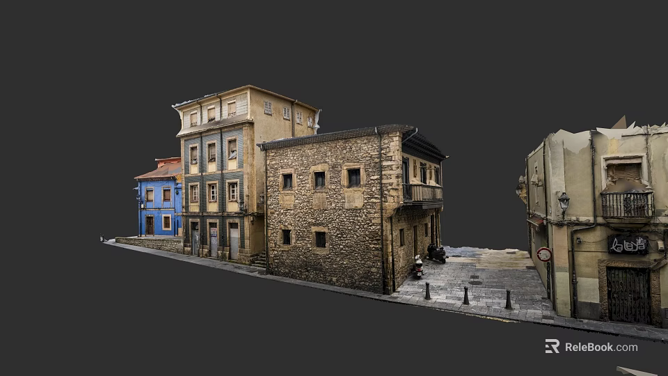 Traditional Residential Buildings With Blue Yellow Facades And Stone Built Structure On Street 3d model 