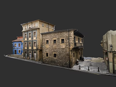 Traditional Residential Buildings With Blue Yellow Facades And Stone Built Structure On Street 3d model