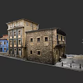Traditional Residential Buildings With Blue Yellow Facades And Stone Built Structure On Street