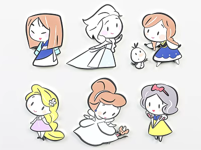 Cute Cartoon Princess Wall Decor Set Of Six Decorative Stickers 3d model