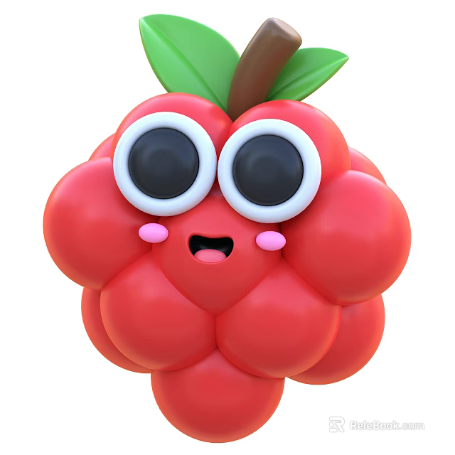 Cute Cartoon Raspberry Fruit With Big Eyes And Green Leaves 3d model 