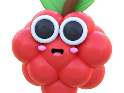 Cute Cartoon Raspberry Fruit With Big Eyes And Green Leaves 3d model