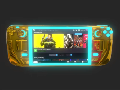 Gold Handheld Entertainment Device With Neon Light Strip Game Screen Displaying Playable Titles 3d model