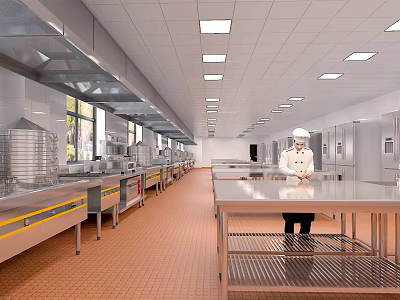 Commercial Kitchen Interior Design Featuring Stainless Steel Worktables Ventilation System And Chef 3d model