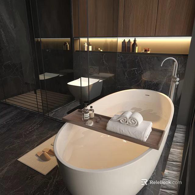 Luxurious Bathroom Interior Design With White Bathtub Marble Walls Wooden Shelf Folded Towels And Toiletries 3d model 