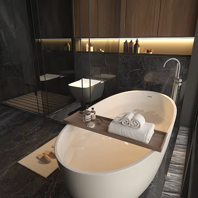 Luxurious Bathroom Interior Design With White Bathtub Marble Walls Wooden Shelf Folded Towels And Toiletries 3d model