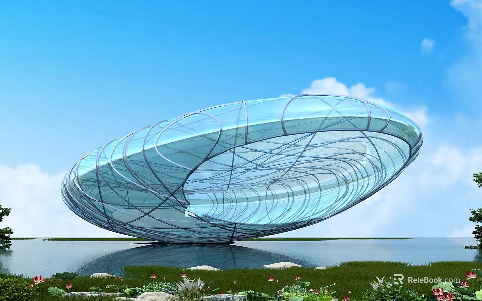 Unique Modern Commercial Complex Featuring Streamlined Glass Structure And Waterfront Greenery 3d model