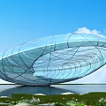 Unique Modern Commercial Complex Featuring Streamlined Glass Structure And Waterfront Greenery 3d model