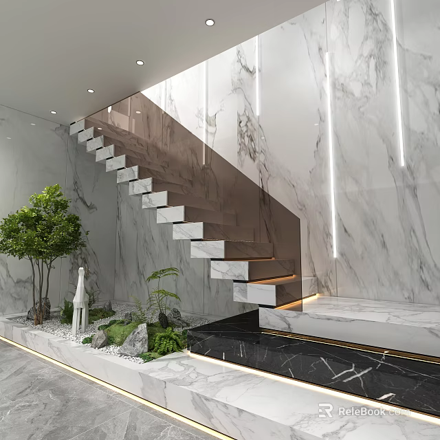 Elegant Modern Marble Staircase With Floating Steps Glass Railing Green Plants And Lighting 3d model 