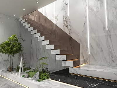 Elegant Modern Marble Staircase With Floating Steps Glass Railing Green Plants And Lighting 3d model