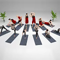 Group Of People Practicing Yoga With Various Poses On Yoga Mats And Green Plants