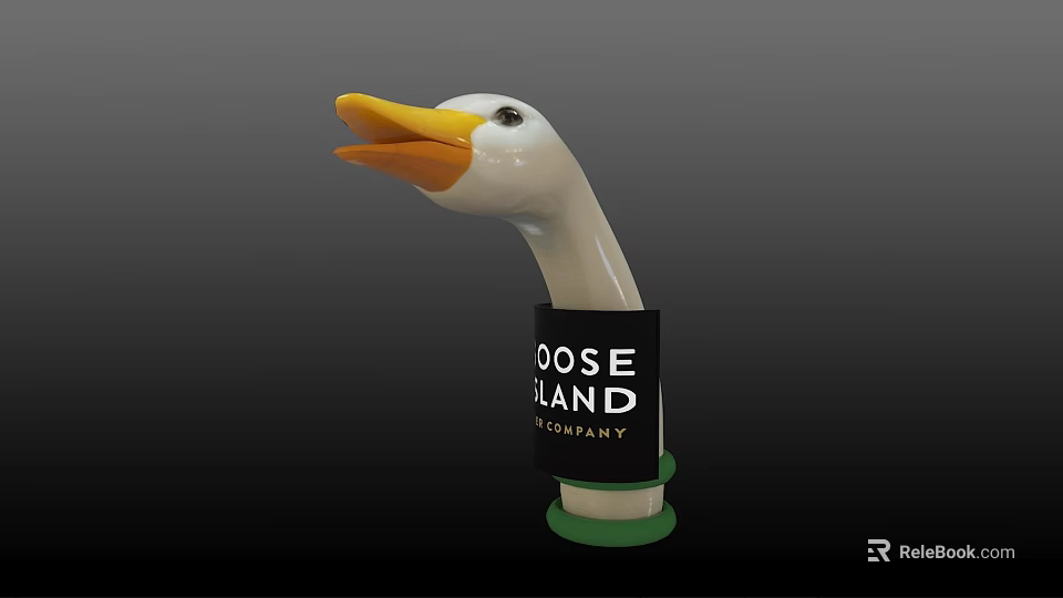 Goose Island Decorative Ornament Set With White Body Yellow Beak Black Band And Green Base 3d model 