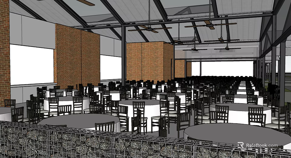 Spacious Restaurant Interior With Brick Walls Round Tables And Ceiling Fans 3d model 