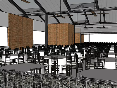 Spacious Restaurant Interior With Brick Walls Round Tables And Ceiling Fans 3d model