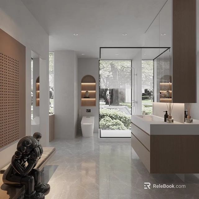 Modern Bathroom Interior Design With Glass Shower Wooden Vanity And Natural Light 3d model 