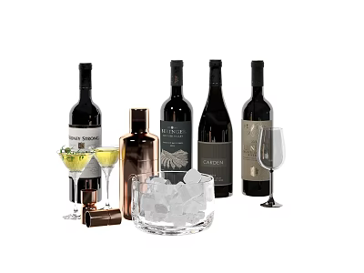 Wine Bottles And Glasses Display With Ice Cubes Cocktail Shaker And Bar Tools 3d model