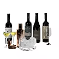 Wine Bottles And Glasses Display With Ice Cubes Cocktail Shaker And Bar Tools