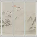 Traditional Chinese Landscape Screen Painting With Sun Flying Birds Mountains And Buildings