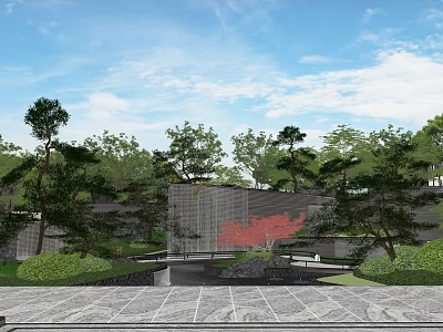 Serene Outdoor Garden Landscape With Stone Wall Red Maple Trees Stone Pavement And Blue Sky 3d model