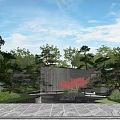 Serene Outdoor Garden Landscape With Stone Wall Red Maple Trees Stone Pavement And Blue Sky