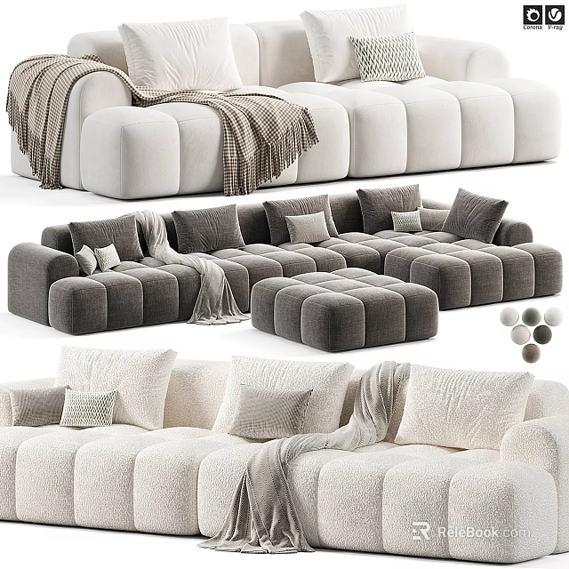 Luxury Sectional Sofa With Plush Pillows Soft Blanket And Multiple Color Options 3d model