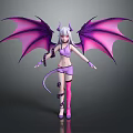 Female Demon Character In Purple Outfit With Purple Bat Wings White Hair Horns And Tail