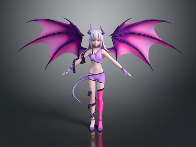 Female Demon Character In Purple Outfit With Purple Bat Wings White Hair Horns And Tail 3d model