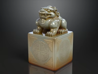 Jade Lion Statue On Square Base With Intricate Carved Patterns And Classic Design 3d model