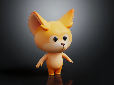 Cute 3D Yellow Creature Character With Big Ears Round Eyes Standing On Dark Background 3d model