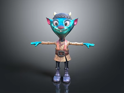 Cartoon Character With Blue Skin Pointed Ears Helmet Brown Outfit Outstretched Arms And Friendly Expression 3d model
