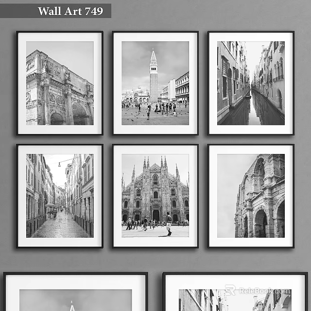 Black and White Framed Wall Art Featuring European Architecture Scenes For Home Living Room Decor 3d model 