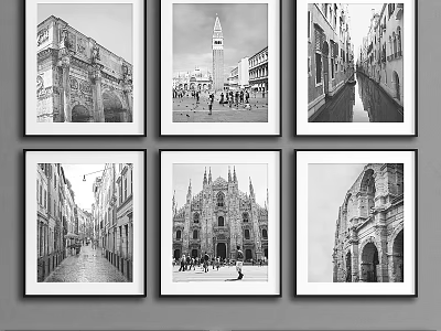 Black and White Framed Wall Art Featuring European Architecture Scenes For Home Living Room Decor 3d model