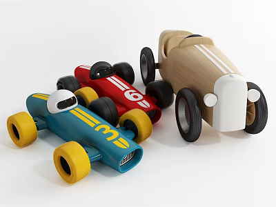 Colorful Electric Toy Race Cars With Blue Red Natural Wood Design And Wheels 3d model