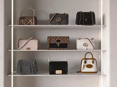 Fashionable Handbags In Multiple Colors Arranged On White Shelves With Stylish Designs 3d model