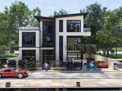 Modern Two Story Detached Villa With Large Windows Greenery And Cars Parked Front 3d model