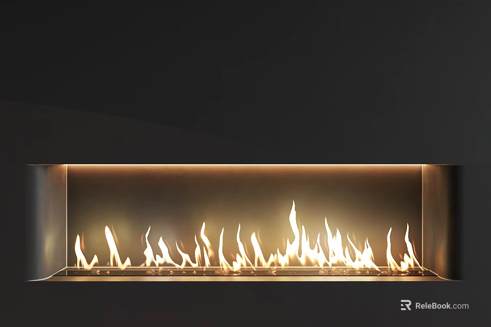 Modern Linear Embedded Fireplace With Warm Flames In Contemporary Interior Design 3d model 