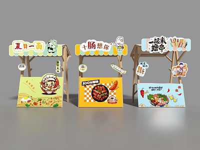 Colorful Street Food Booths With Cartoon Decor Noodles Sausages And Seafood Dishes 3d model